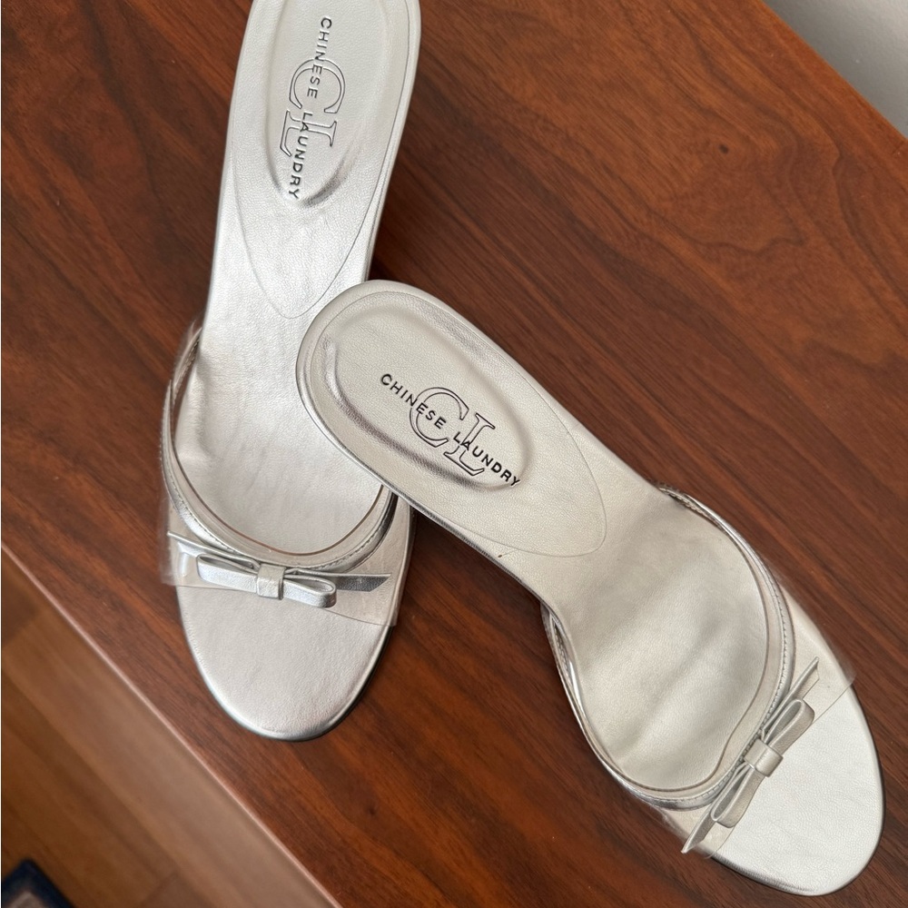 Chinese Laundry Silver Mules with Bow Accent